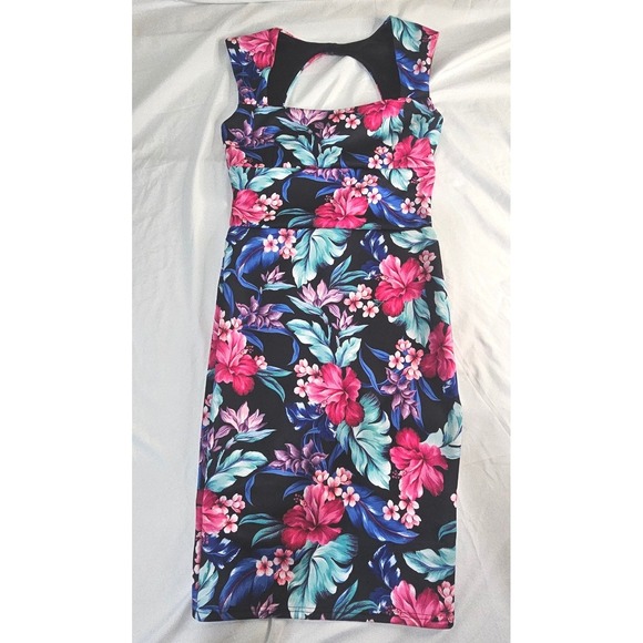 VENUS Dresses & Skirts - Venus Floral Tropical Hibiscus Sheath Dress Black Pink Blue Size 2 Cutout Back